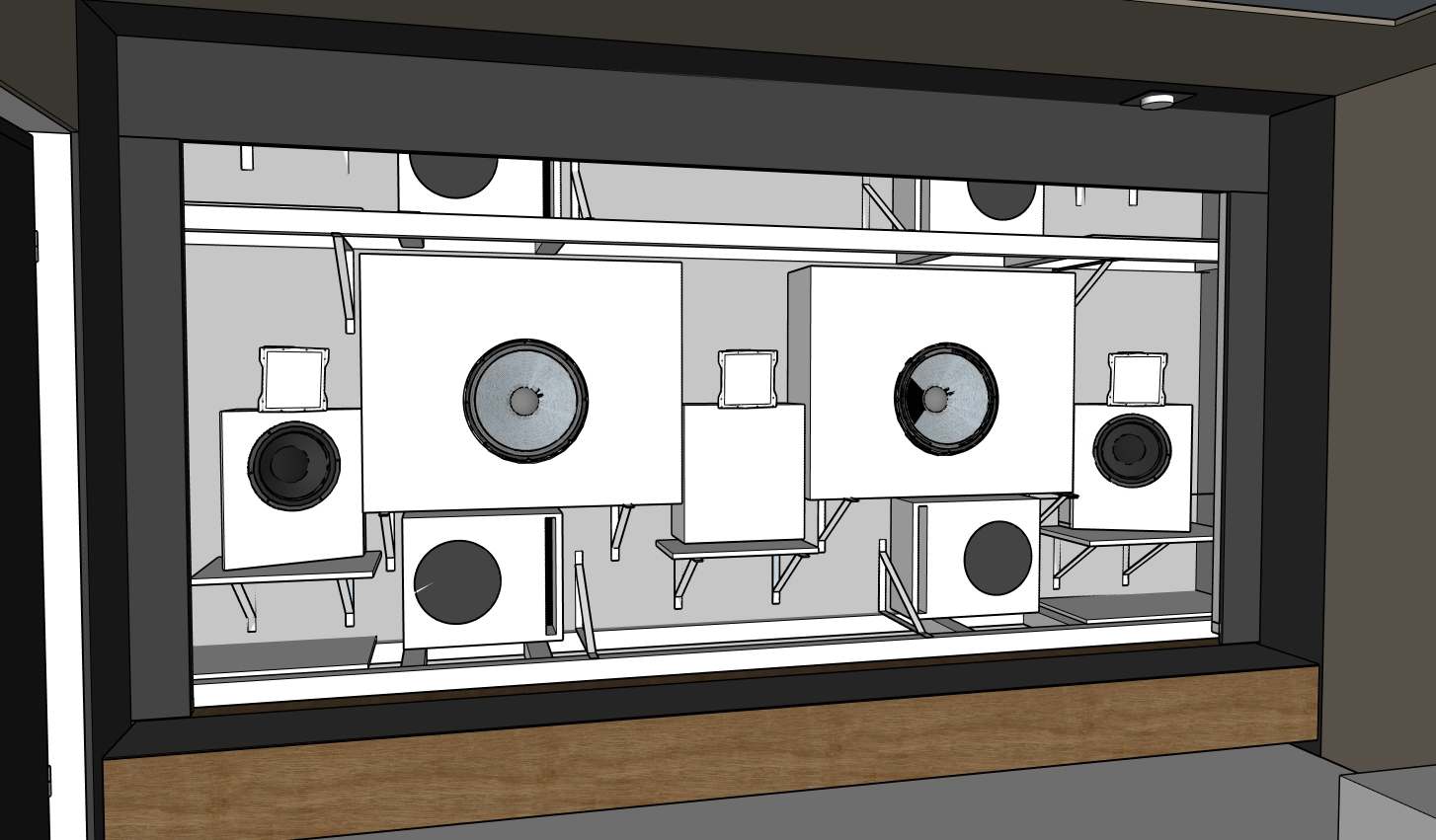 Blick hinter die Leinwand: Baffle Wall mit Lautsprecher- und Subwoofer-Kammern
